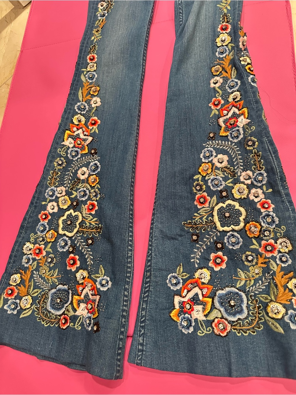 Alice + Olivia Blue Flare Jeans with Multicolor Floral Crystal bead Embroidery - Picture 2 of 12